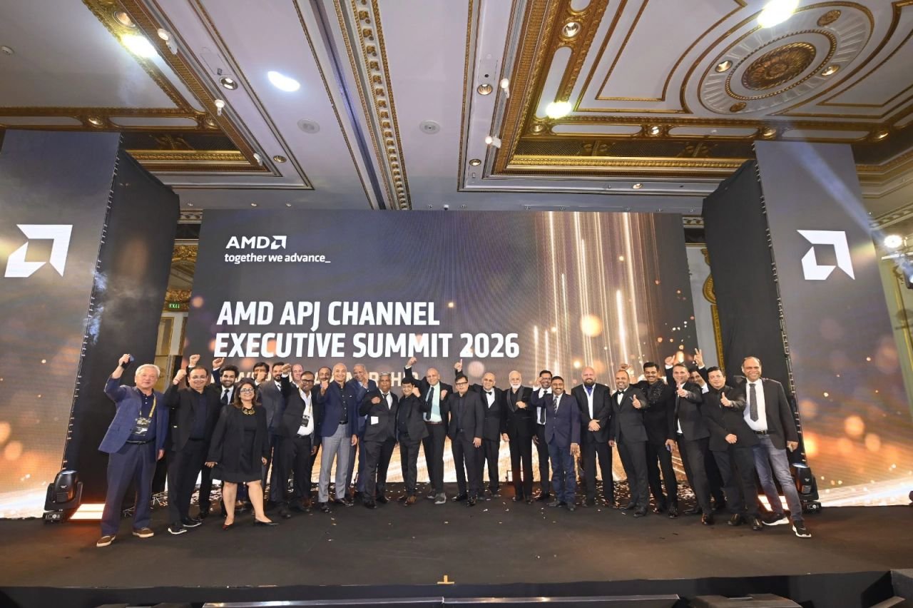 Sheeltron delegation on stage with the wider AMD partner cohort at the APJ Channel Executive Summit 2026, Bangkok